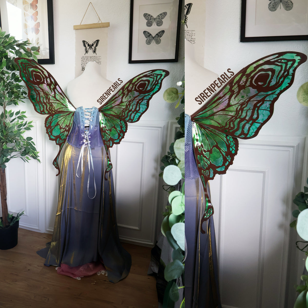 SirenPearls Feenflügel Long Moth in Grün mit dunkelbraunen Venen und irisierender Folie an einer Schneiderpuppe