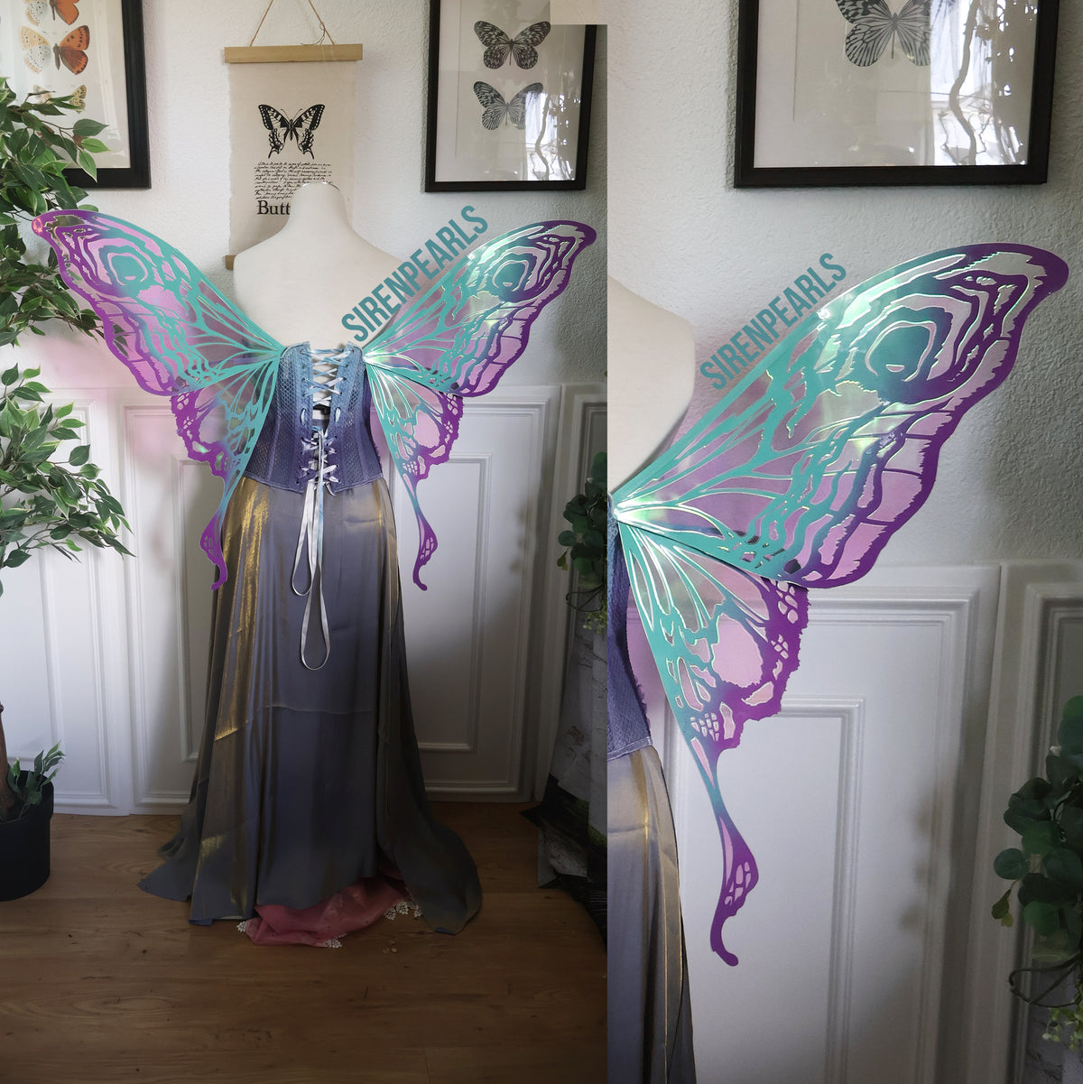 SirenPearls Feenflügel Long Moth in Türkis und Lila mit irisierender Folie an einer Schneiderpuppe